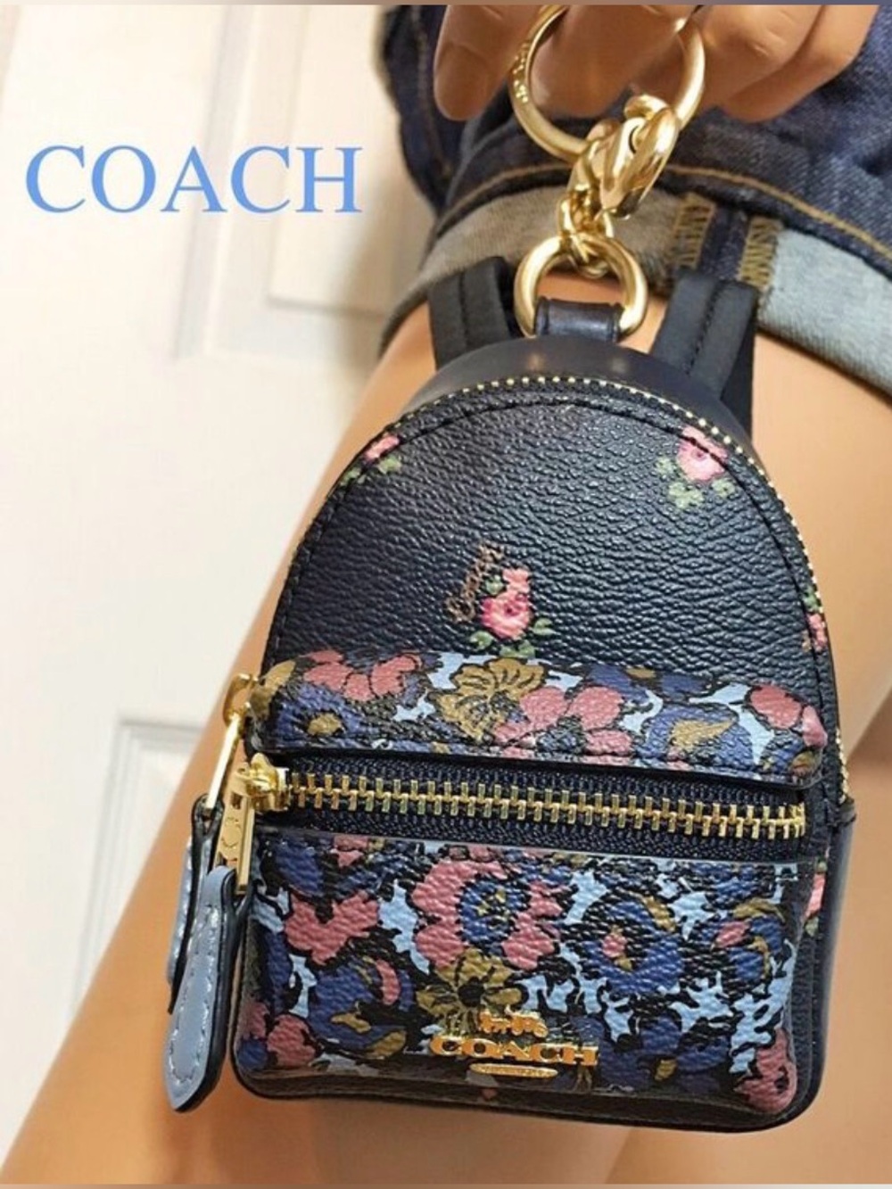 Coach Floral Mini Backpack Bag Charm Keychain Zip Navy Blue Multi (F58553) - EUC